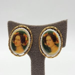 Vintage Victorian Handpainted Women With Faux Pearl Clip On Earrings